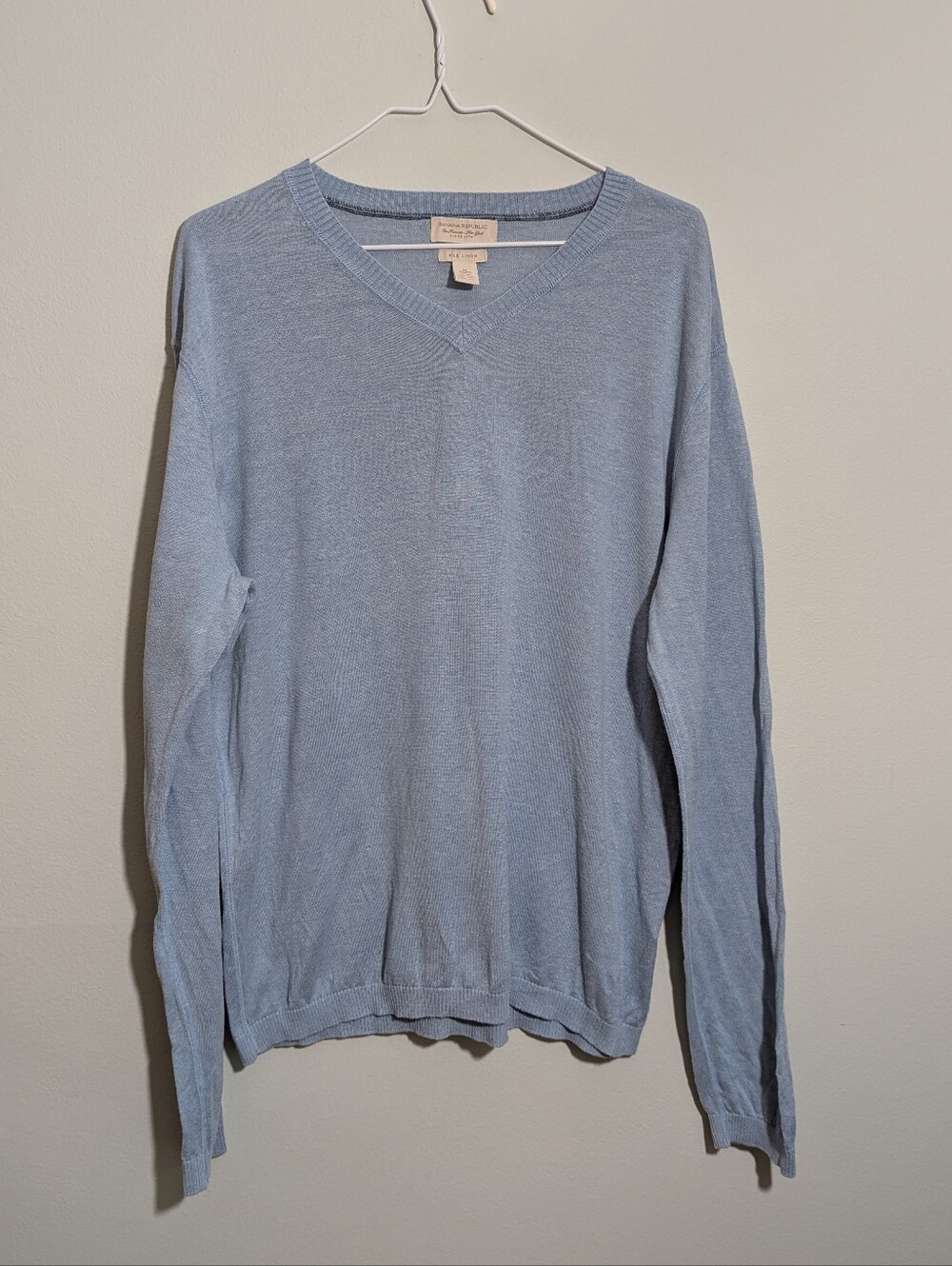 Banana Republic Mens M Silk Linen Light Weight Knit V-Neck Sweater Top Blue